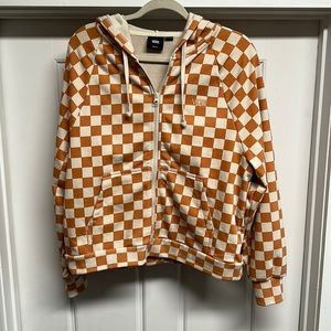 Brand new: worn ONCE Van orange and cream checkered zip up hoodie. Size: M